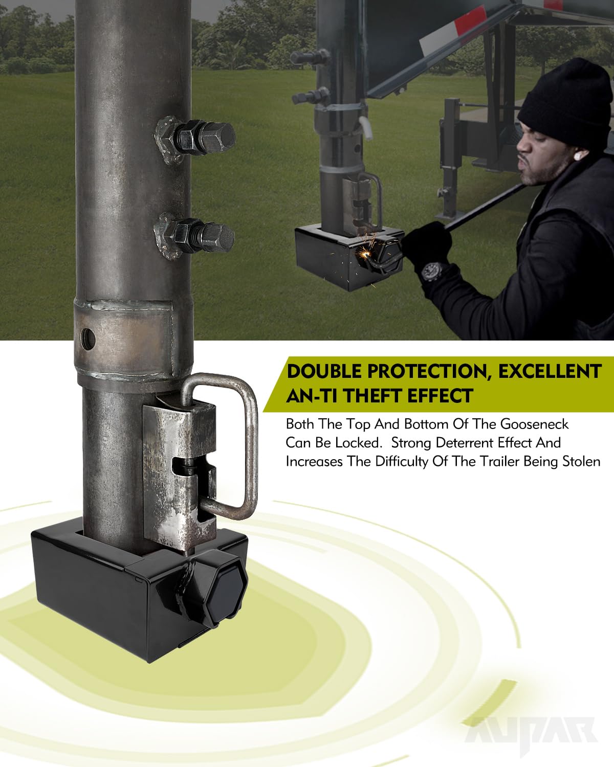 Aupar lock installed on trailer tube demonstrating secure fit and theft prevention