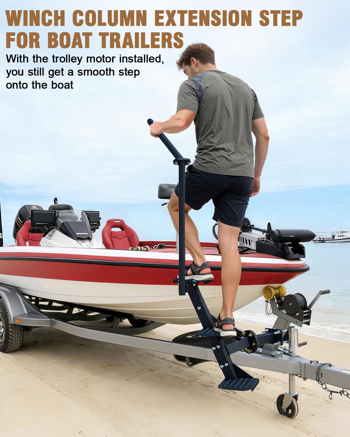 Aupar steps attached to winch post demonstrating adjustable bracket fit