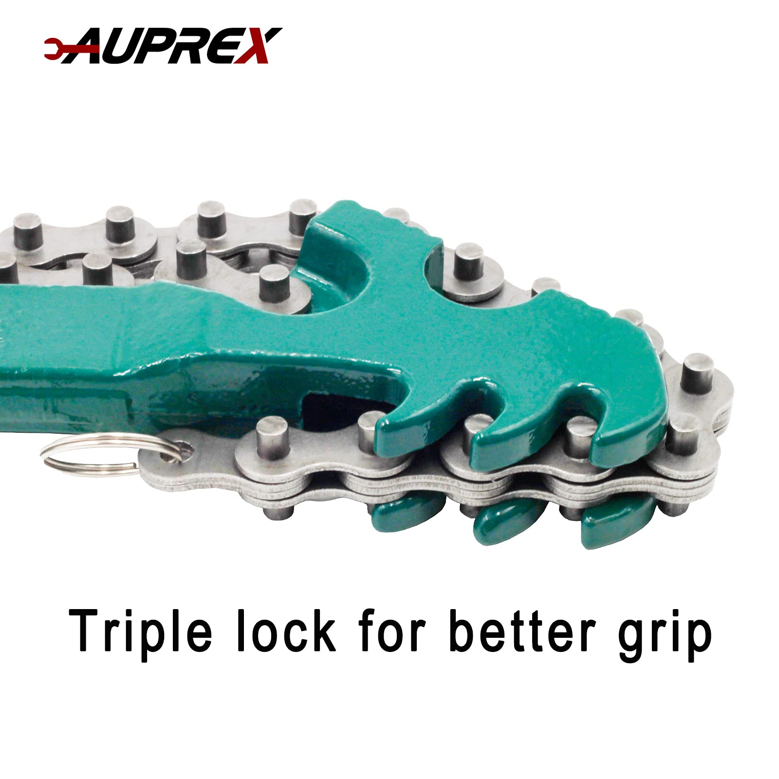 AUPREX wrench gripping an oil filter demonstrating easy removal advantage