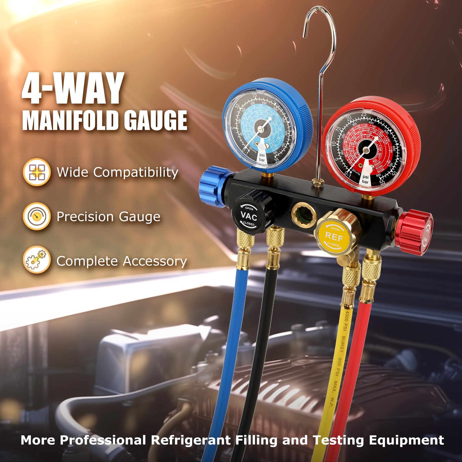 AURELIO TECH gauge close-up with dual-scale dials for multiple refrigerants and clear readings