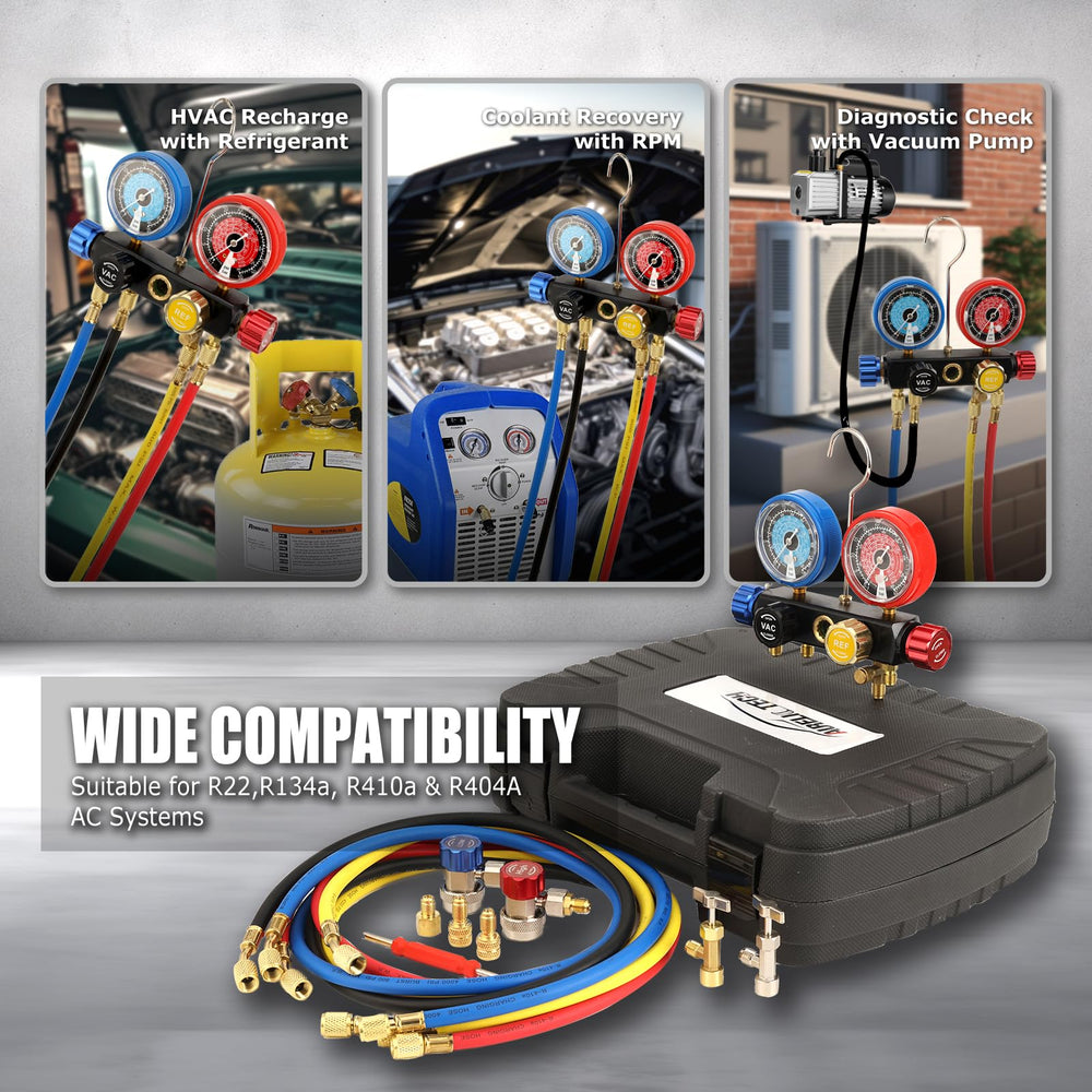 AURELIO TECH manifold in use on a car A/C system demonstrating on-vehicle diagnostic benefit