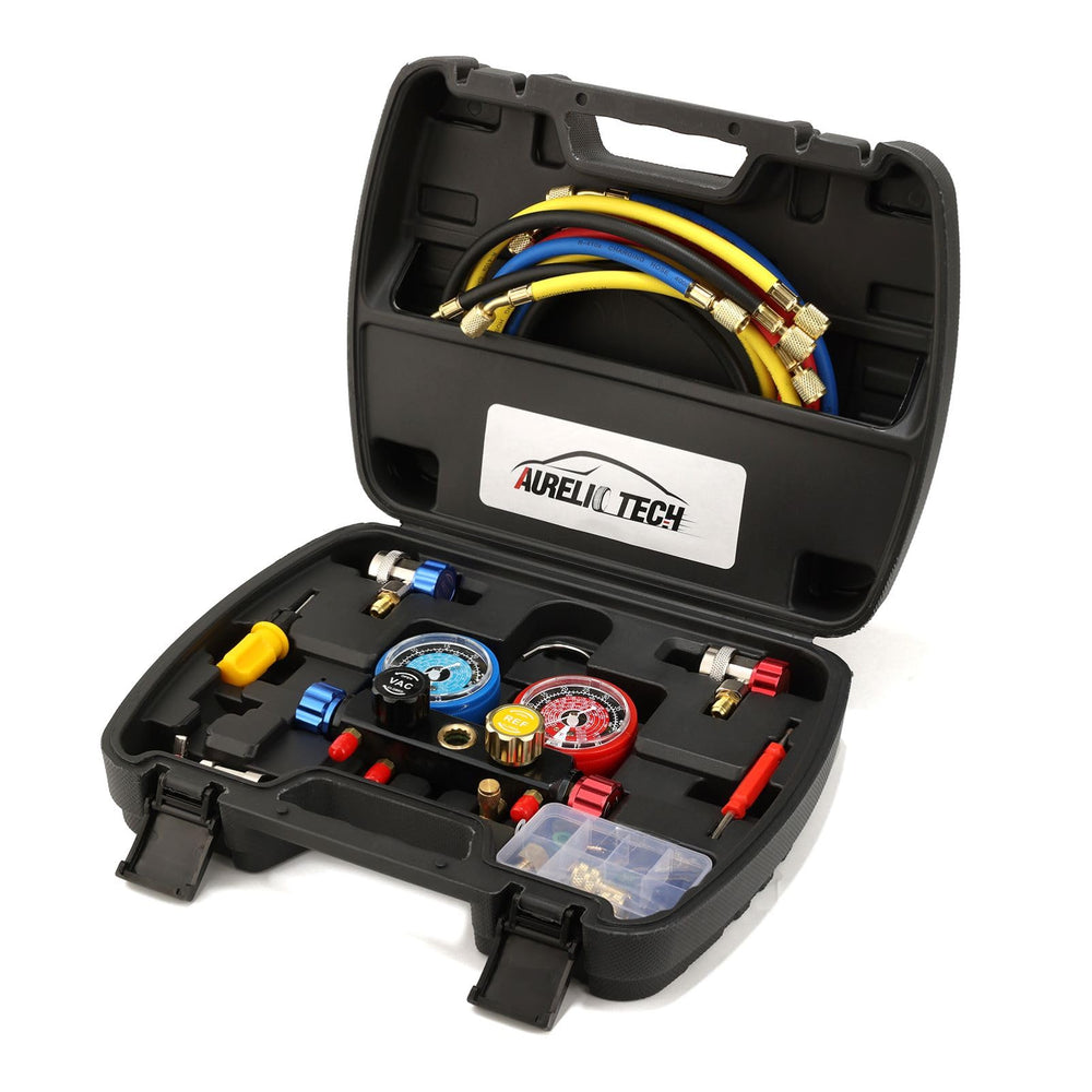 AURELIO TECH manifold front view showing four-valve block and color-coded ports for accurate work
