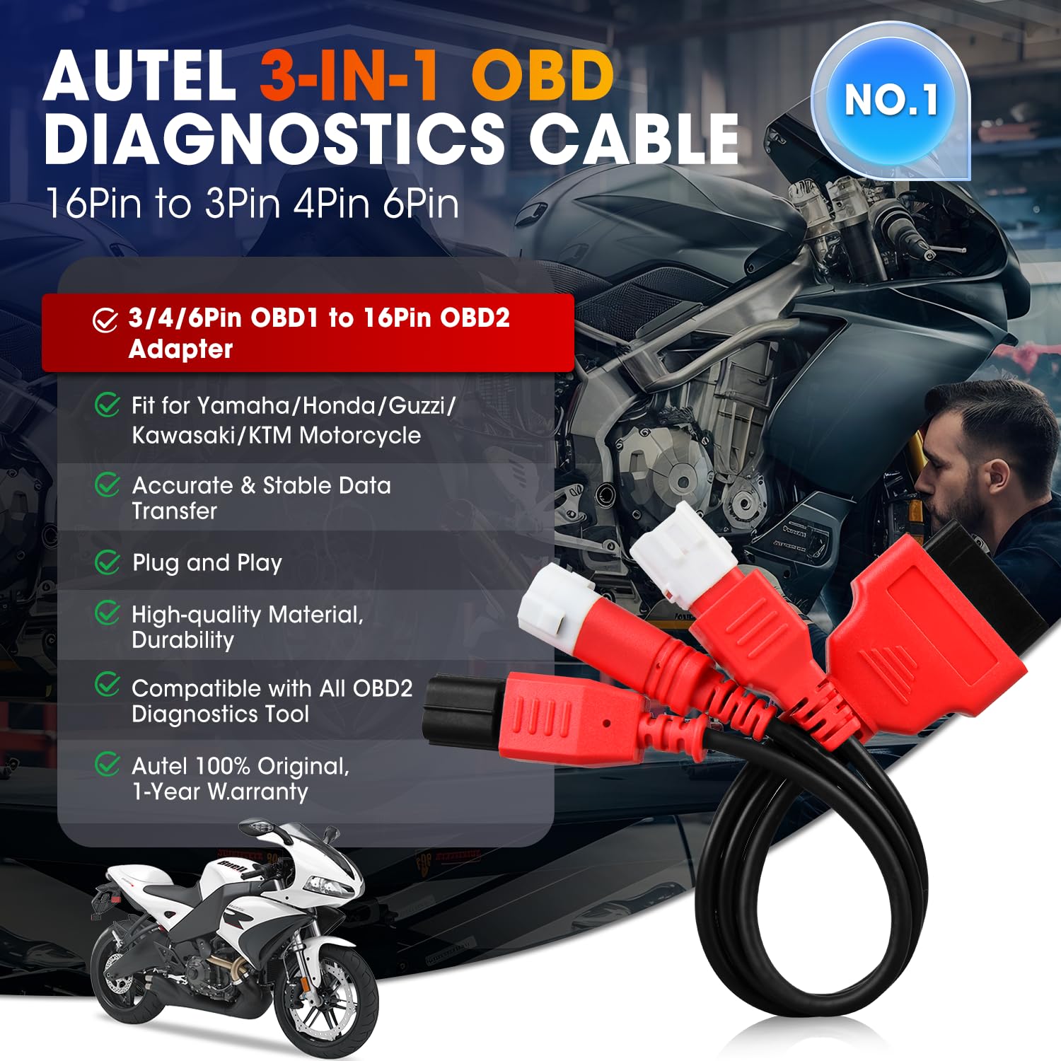 Autel adapter 16‑pin male close-up showing clean pins for reliable contact