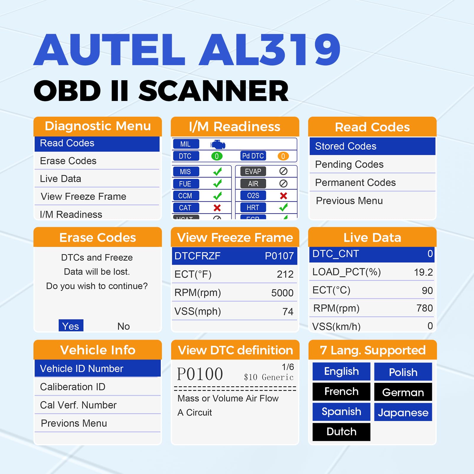 Autel AL319 screen closeup displaying codes and clear color readout benefit