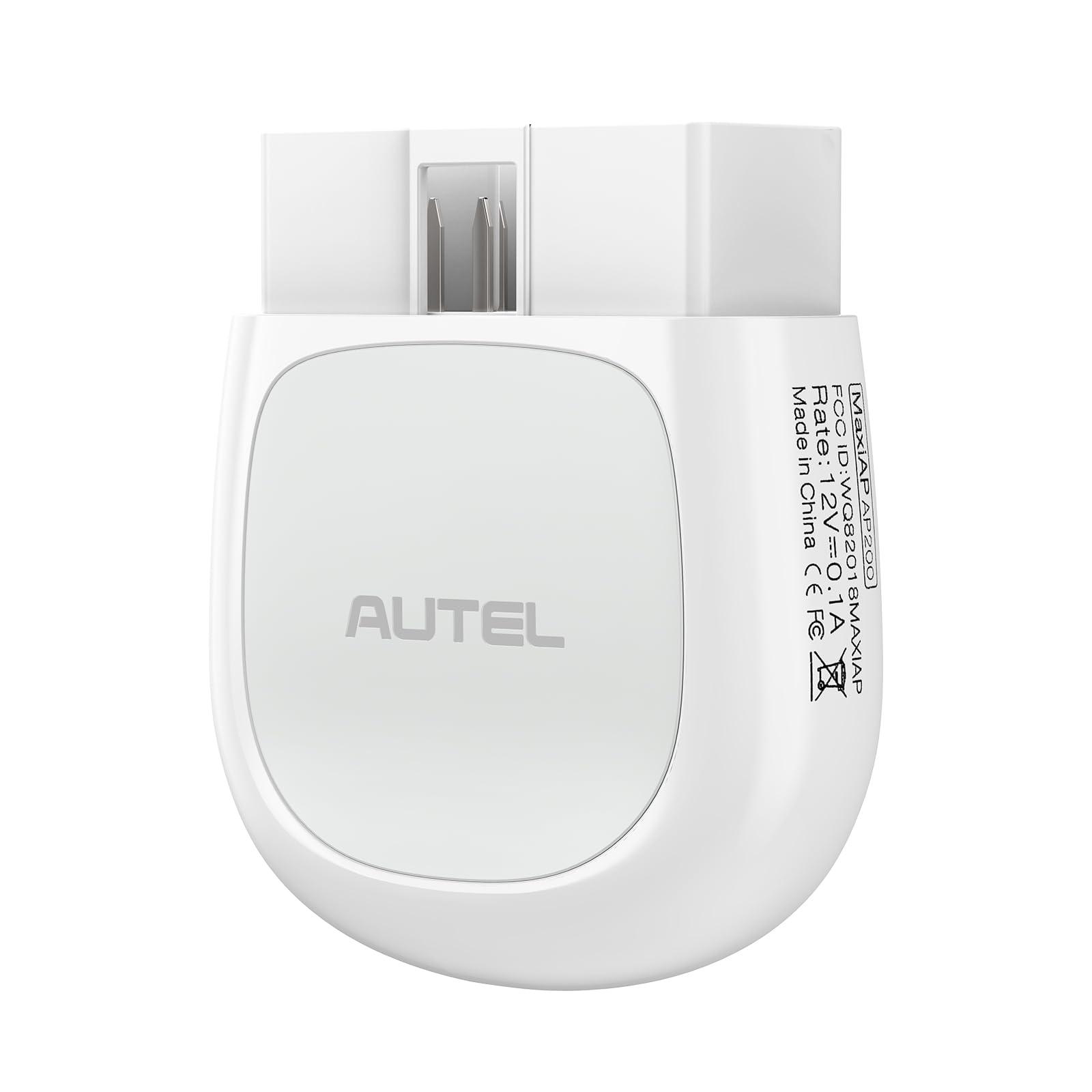 Autel AP200 front view showing compact Bluetooth OBD2 adapter and branding for portable diagnostics