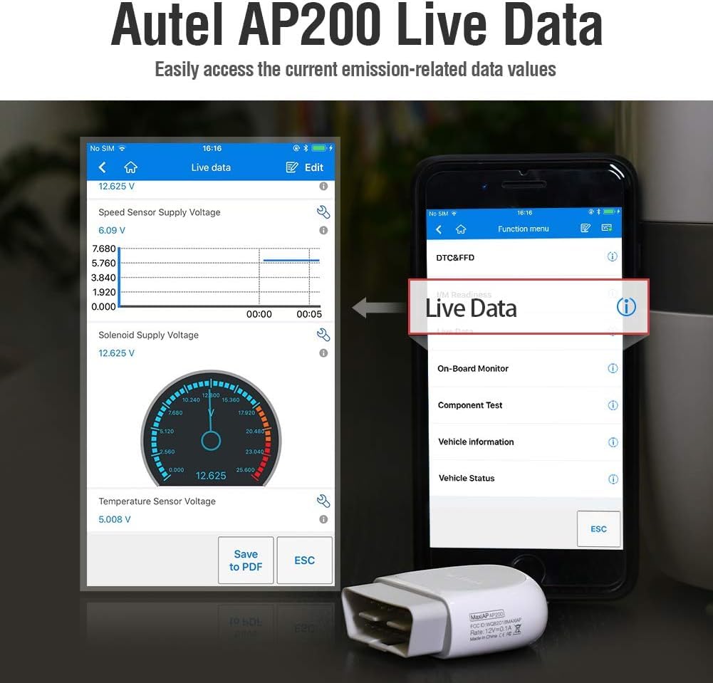 Autel AP200 displaying live data on phone graph for real-time sensor monitoring and troubleshooting