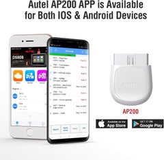 Autel AP200 plugged into vehicle OBD2 port demonstrating quick setup and hands-free diagnostics