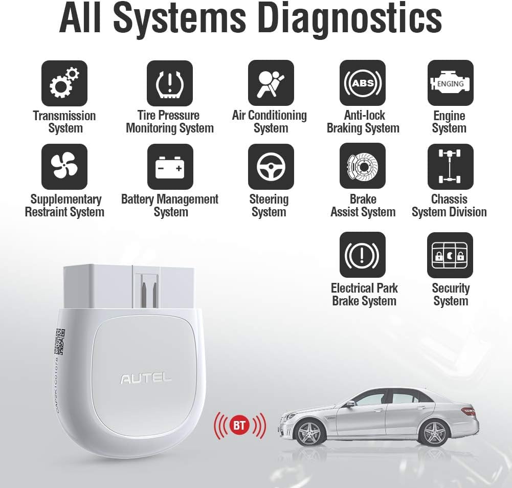 Autel AP200 paired with smartphone showing MaxiAP200 app and fast VIN scan for accurate identification