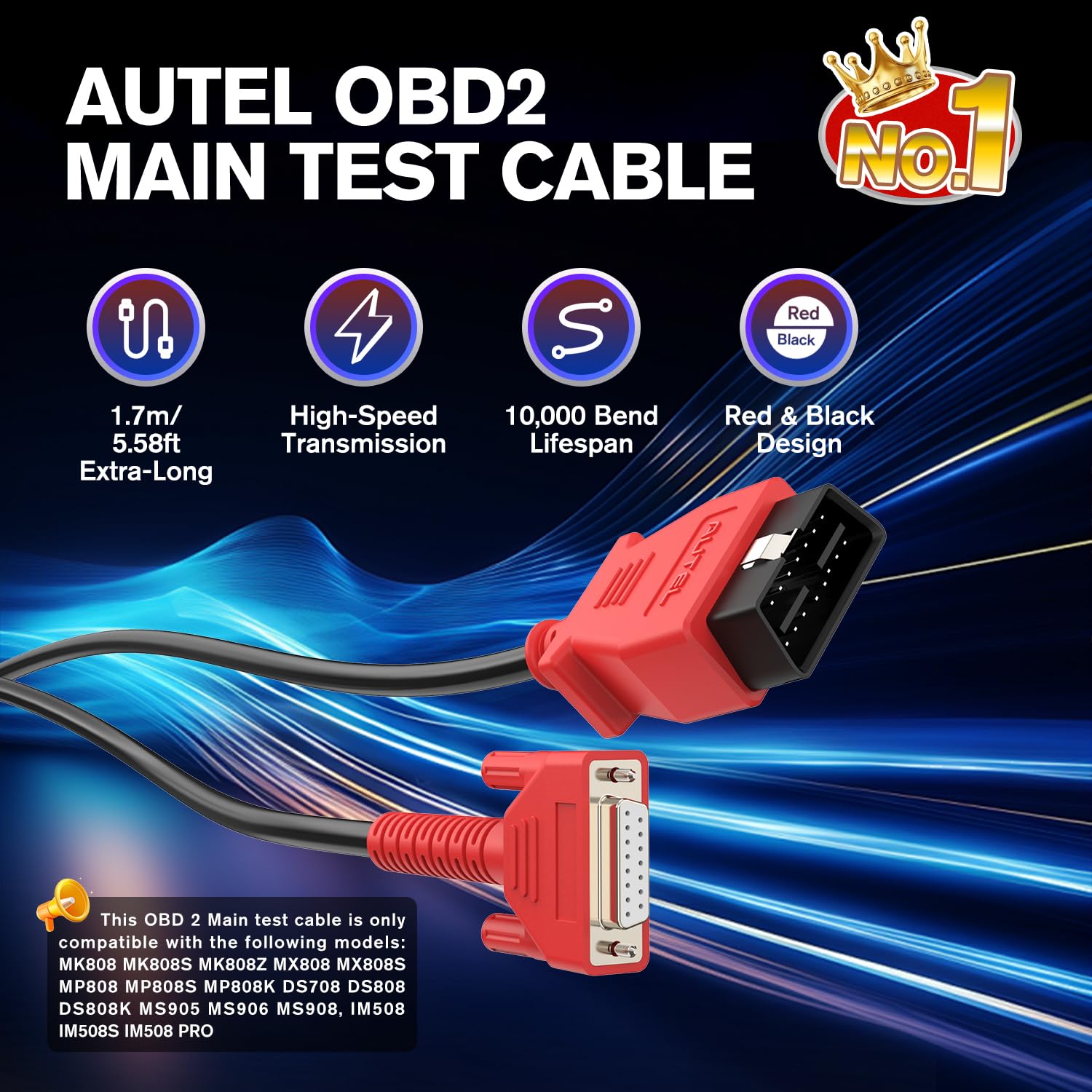 Autel extra‑long 5.6ft cable laid out for improved reach benefit