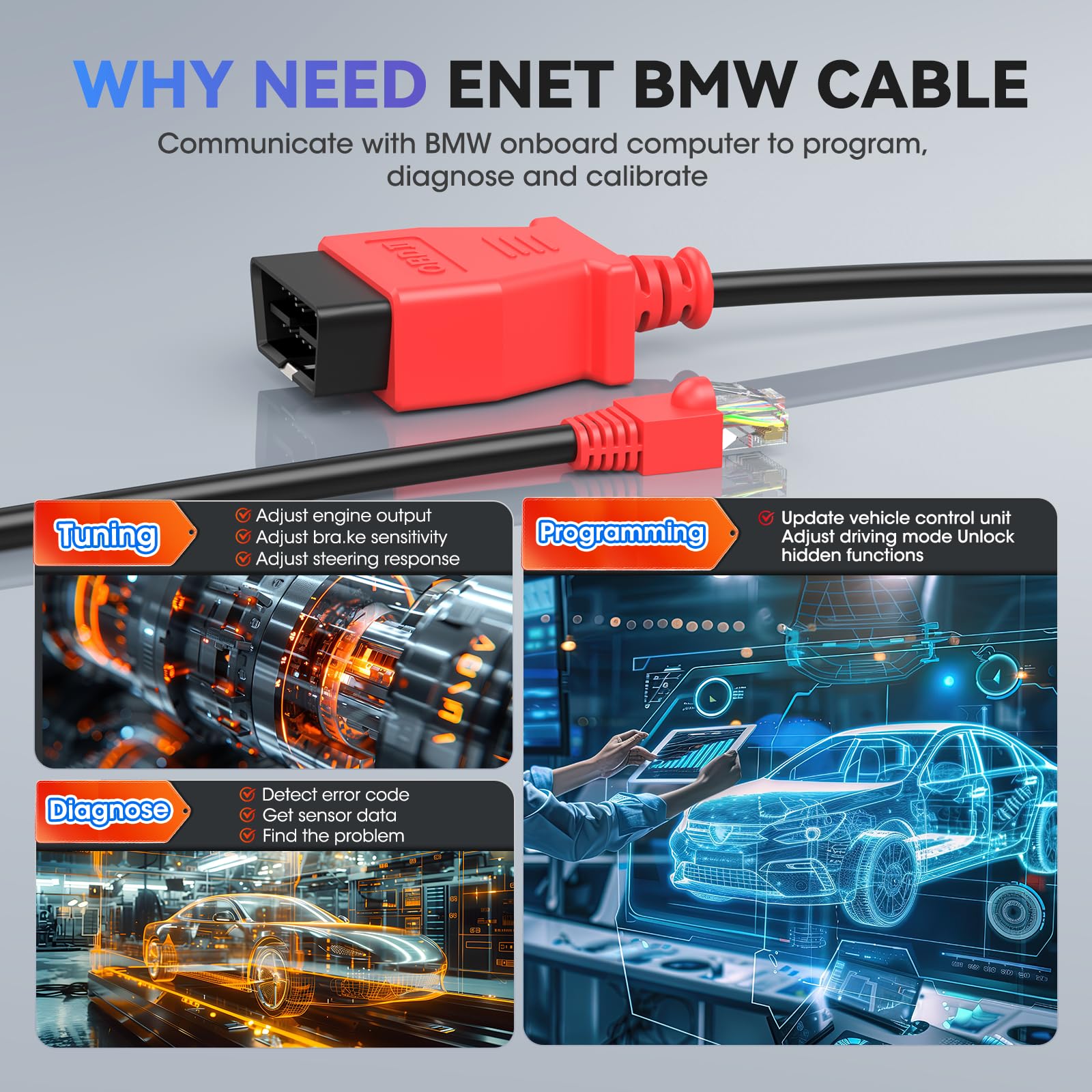 Autel cable fitting into BMW OBD port demonstrating correct alignment and safety