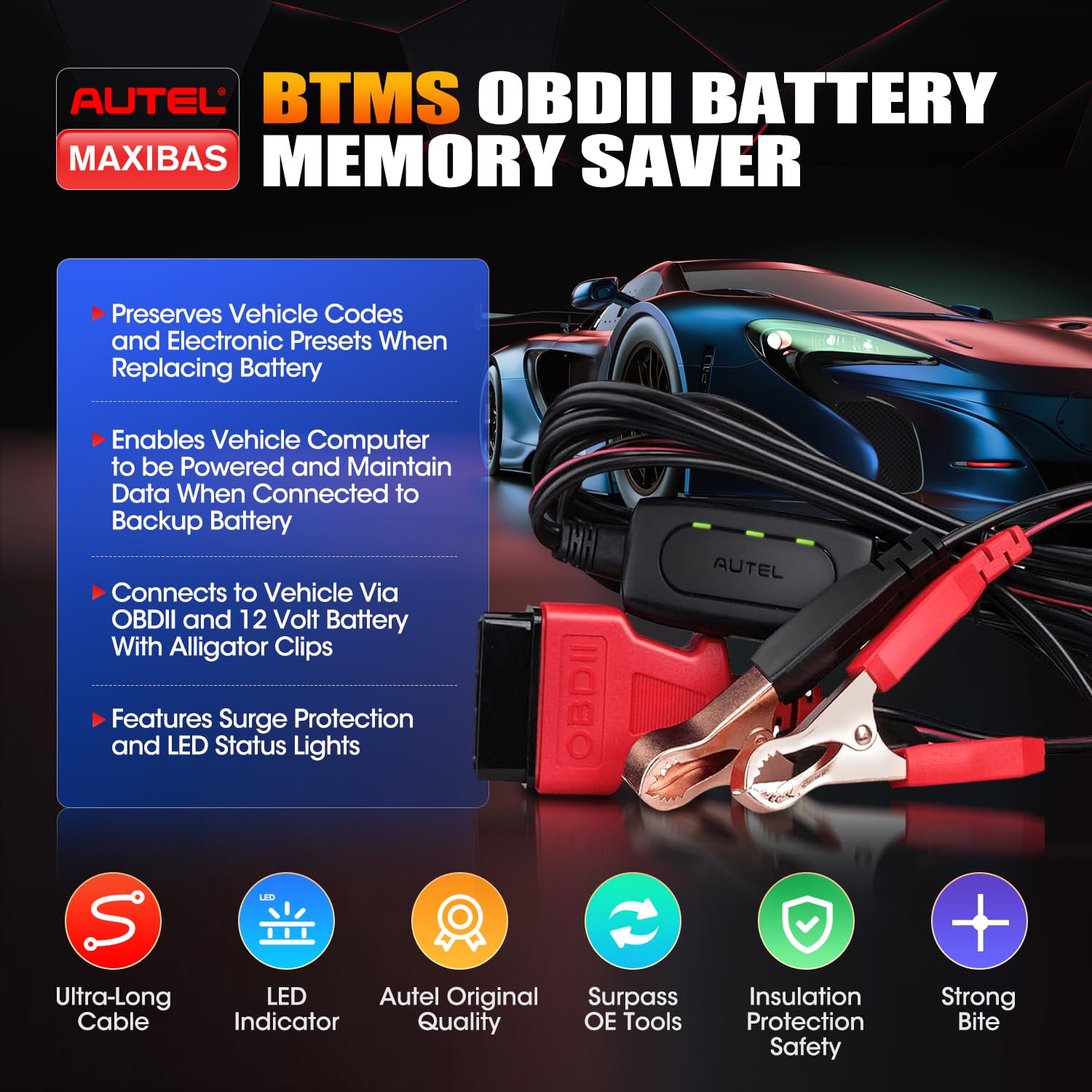 Autel MaxiBAS OBD2 connector close-up showing secure plug and compatibility