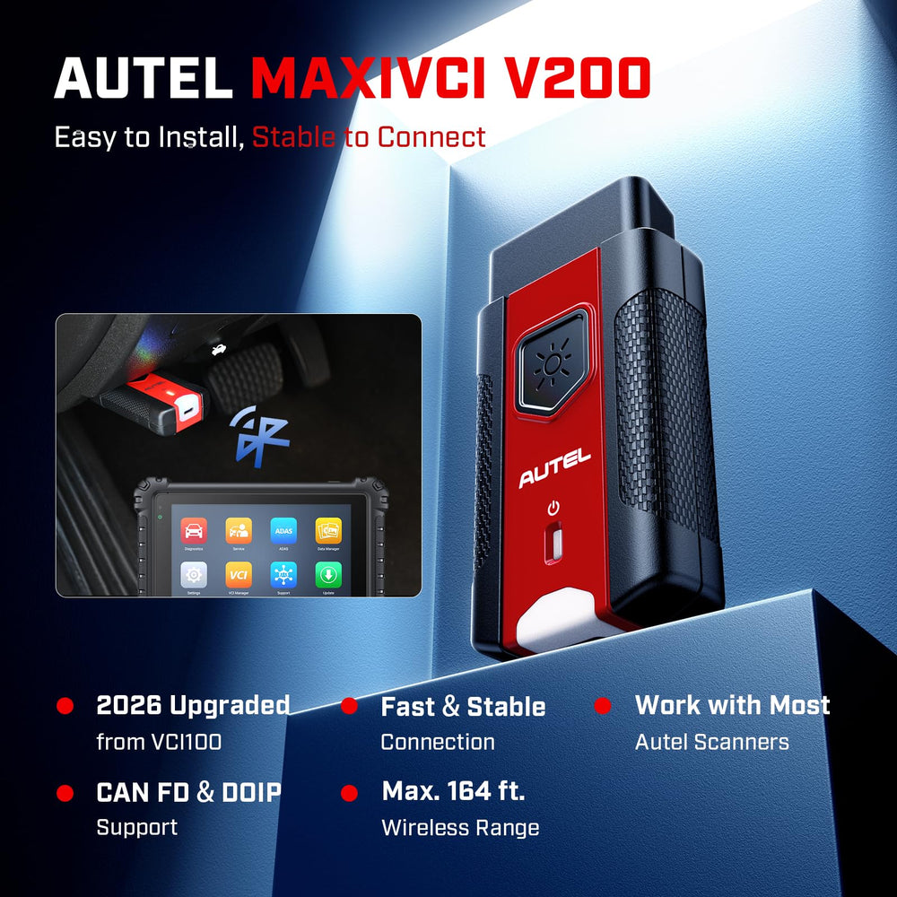 Autel MaxiVCI V200 rear view revealing vehicle data connector and ports for versatile connections