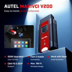 Autel MaxiVCI V200 rear view revealing vehicle data connector and ports for versatile connections