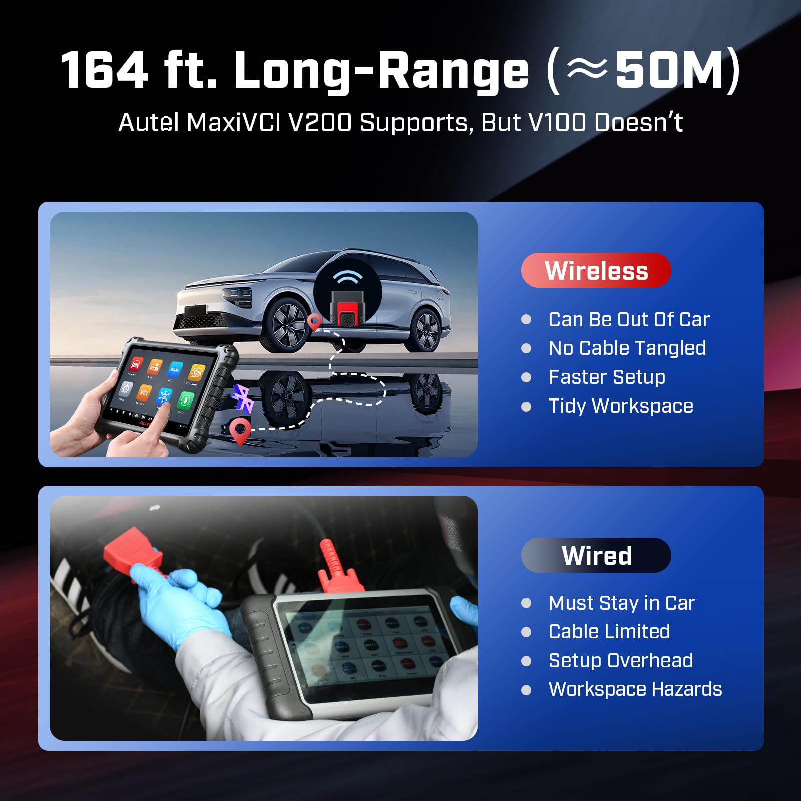 Autel MaxiVCI V200 paired with Autel tablet showing wireless diagnostics and faster workflows