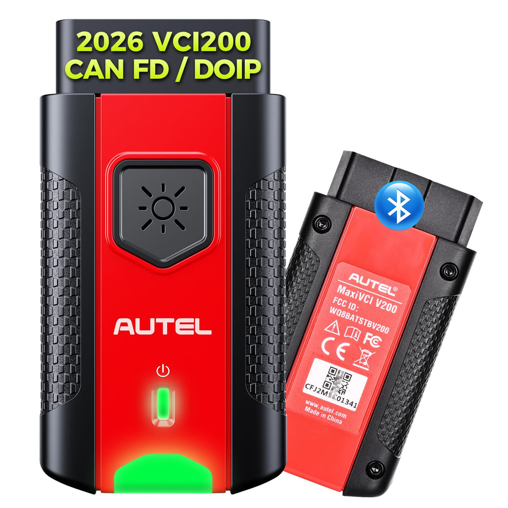 Autel MaxiVCI V200 front view showing compact housing and plug for easy install and mobility