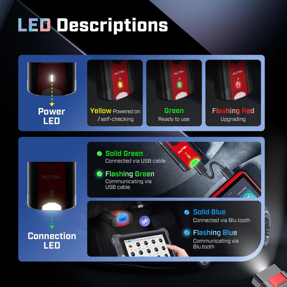 Autel MaxiVCI V200 label and serial close-up displaying compliance information and upgrade readiness