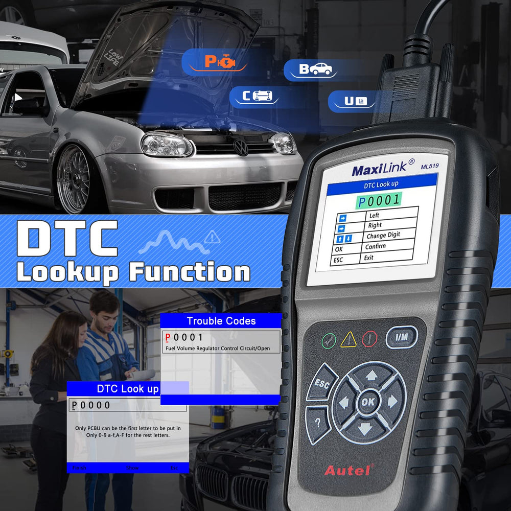 Autel ML519 screen showing DTC lookup to identify fault meaning