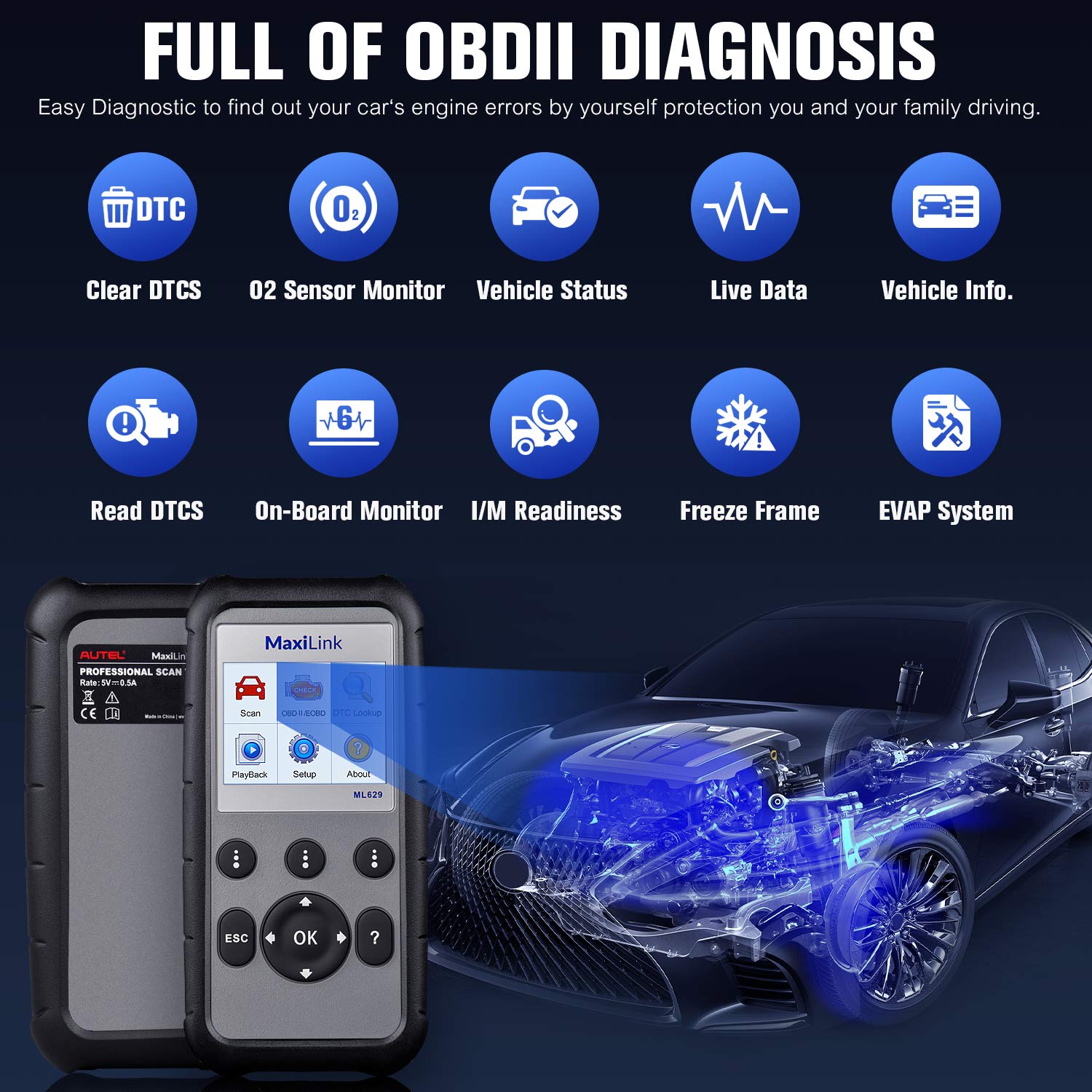 Autel ML629 OBD2 connector cable plugged in providing fast vehicle access