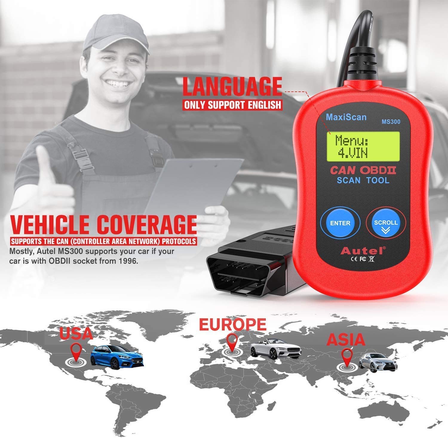 Autel MS300 plugged into vehicle OBD2 port, Autel enables quick inspections