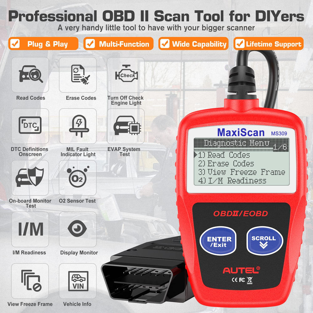 Autel MS309 backlit display closeup showing readable codes and improved visibility