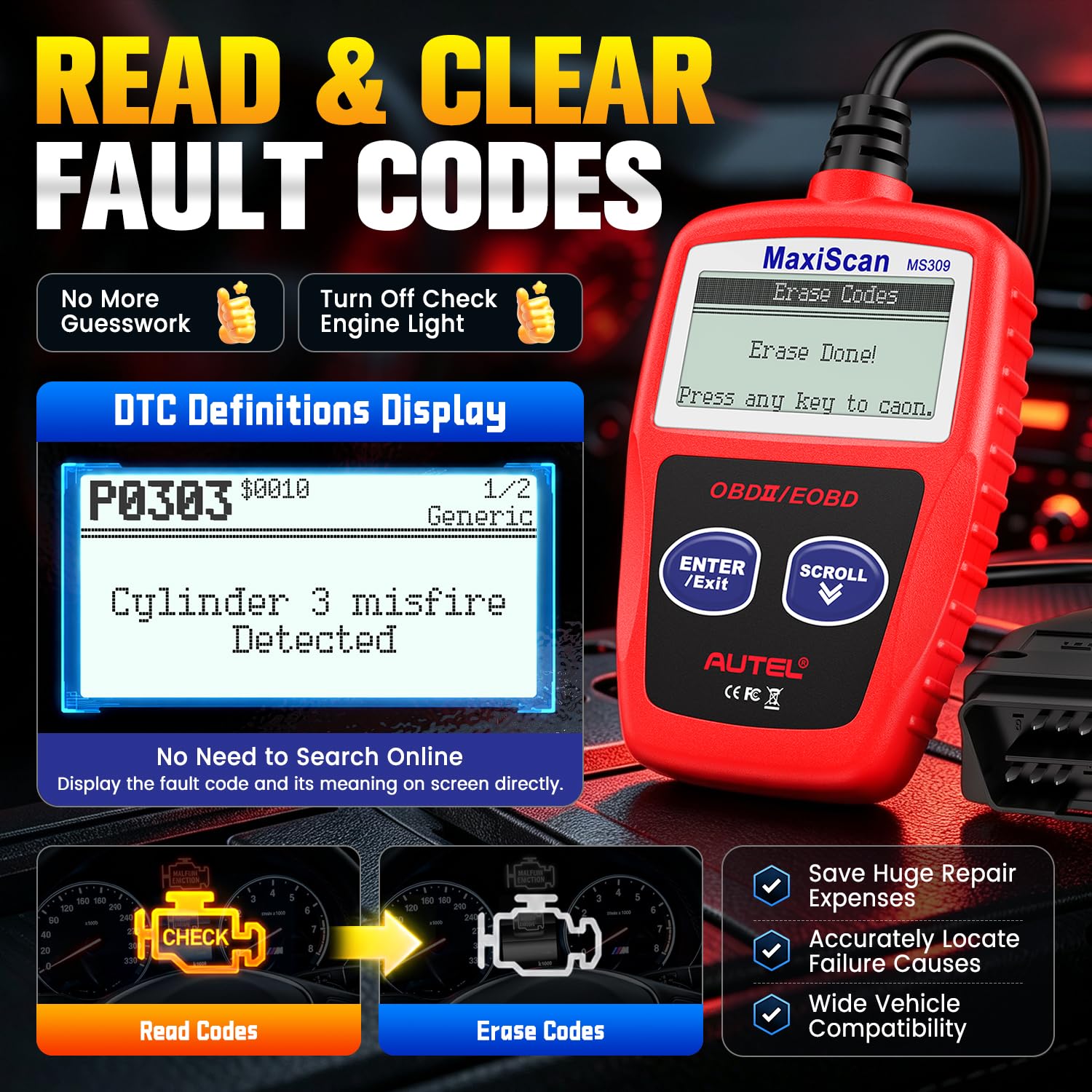 Autel MS309 plugged into vehicle OBD-II port demonstrating plug-and-play use