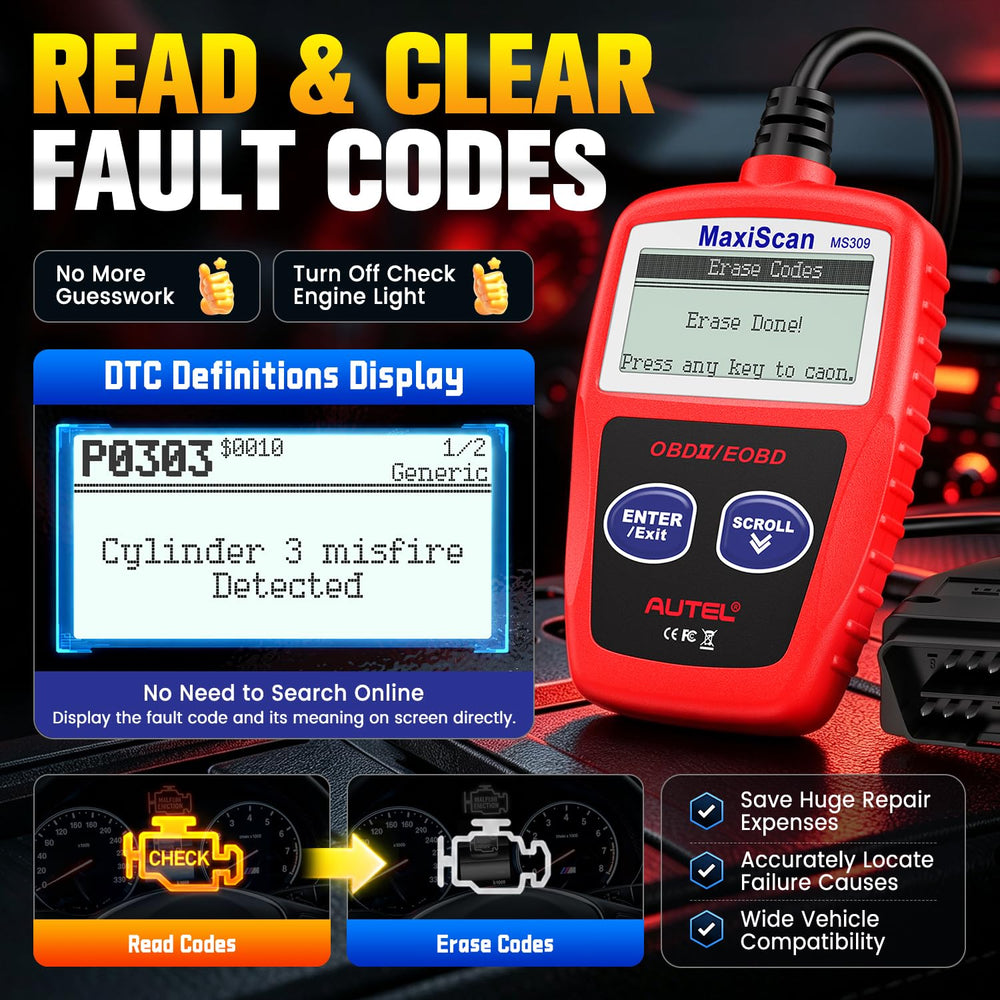 Autel MS309 plugged into vehicle OBD-II port demonstrating plug-and-play use