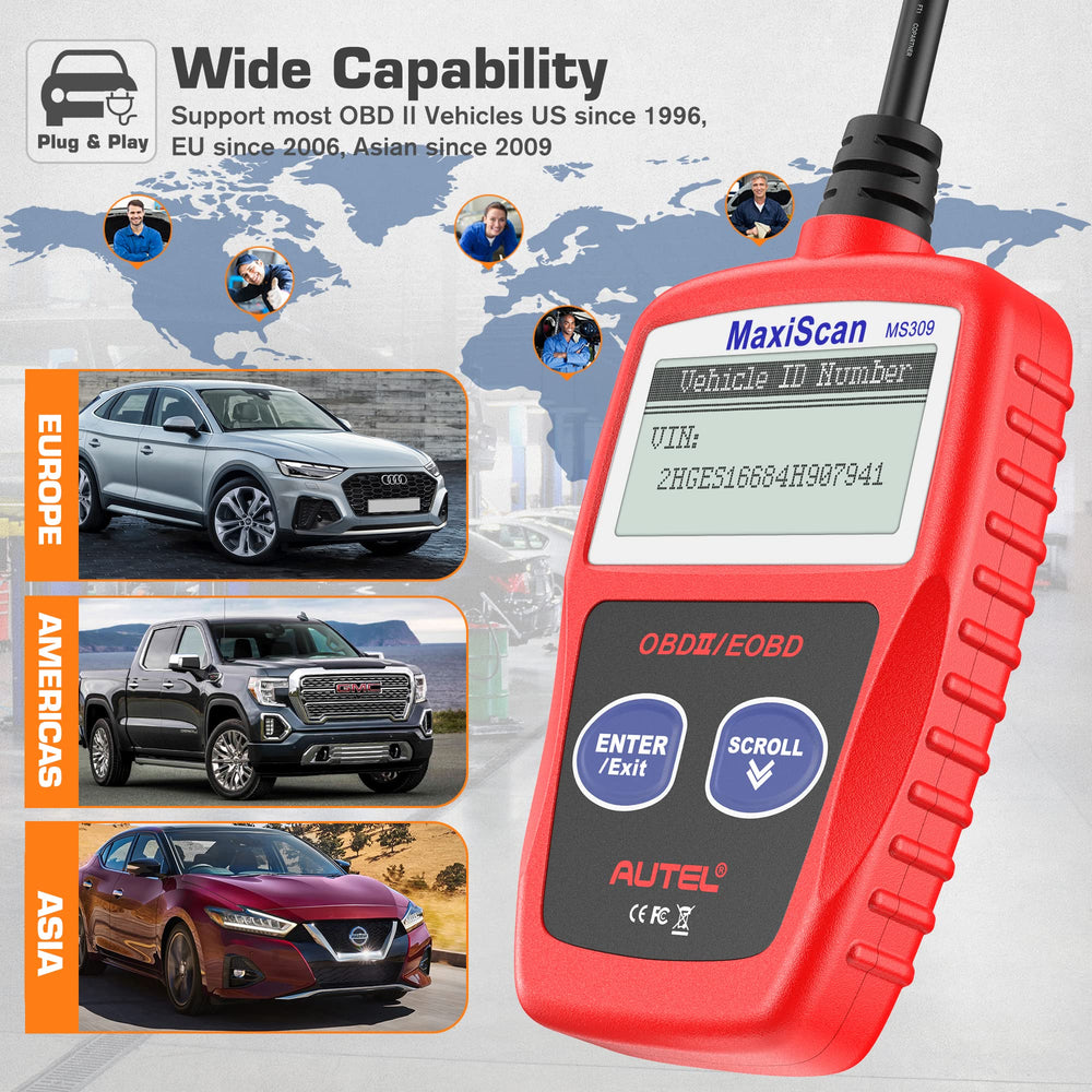 Autel MS309 OBD-II connector and cable showing sturdy plug and reliable connection