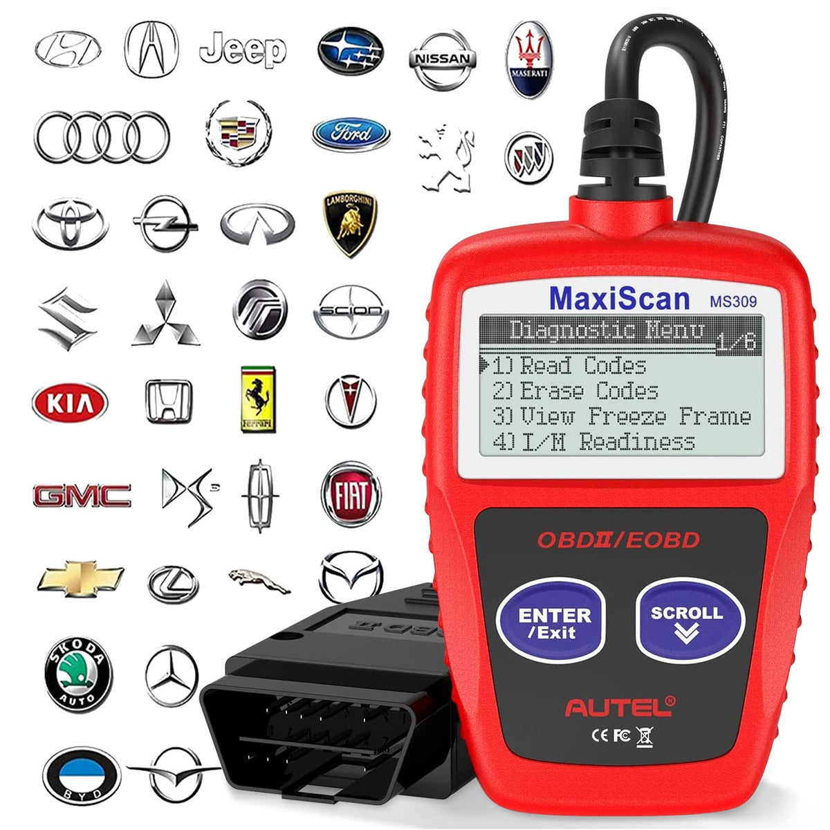 Autel MS309 front view showing rugged housing and easy buttons for quick scans