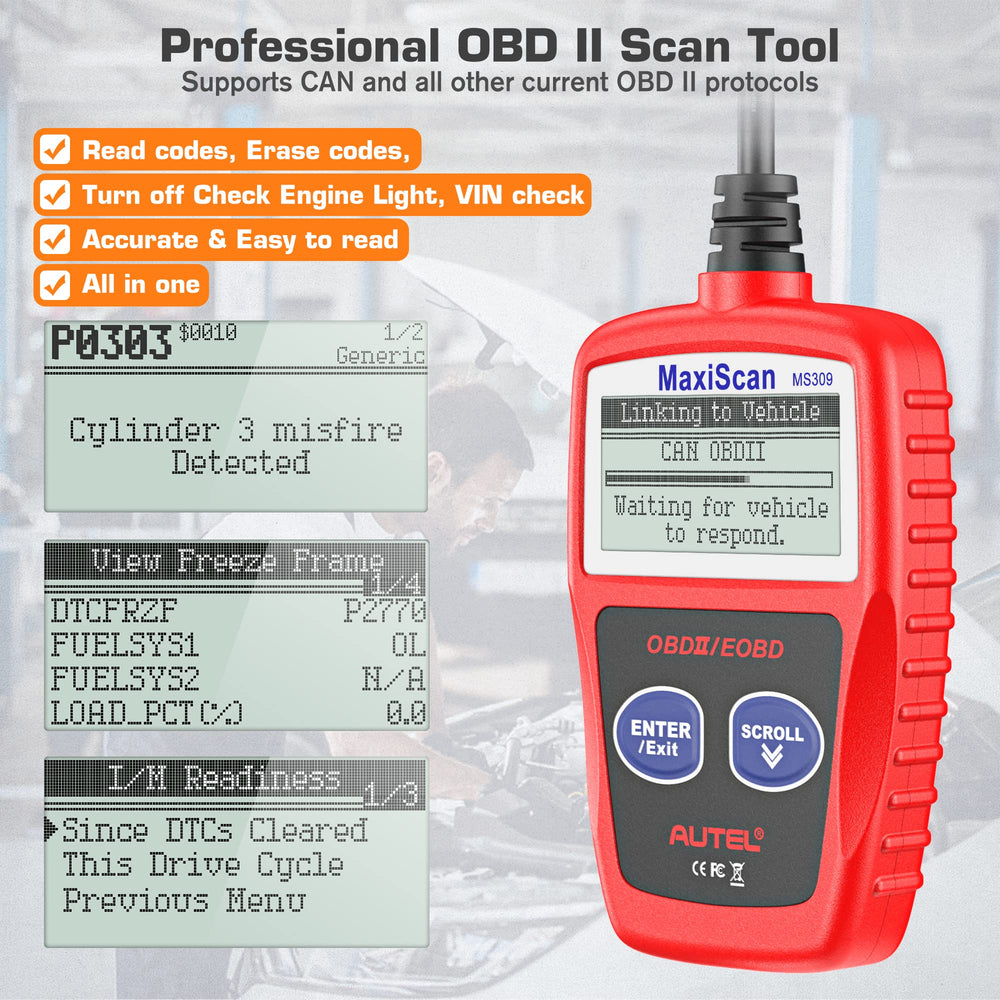 Autel MS309 plugged into a car OBD port demonstrating plug-and-play use benefit
