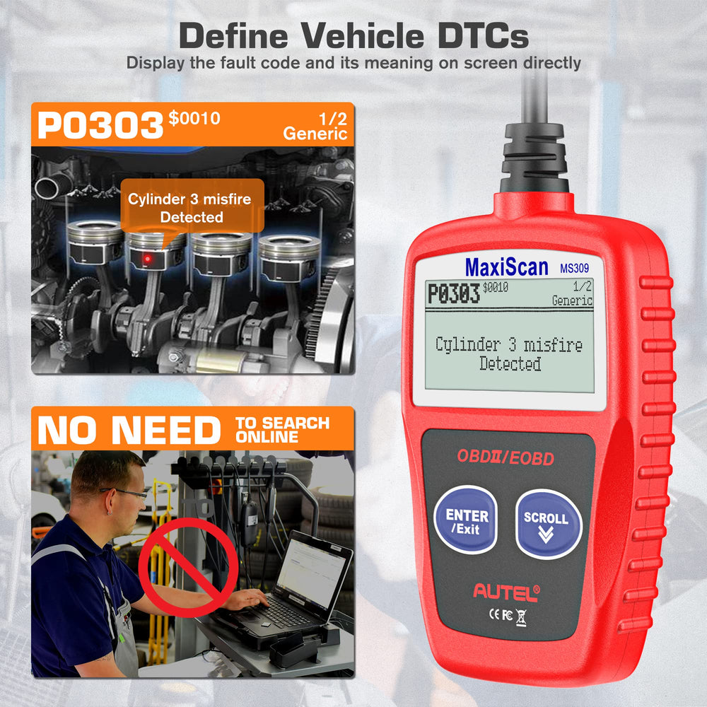 Autel MS309 screen displaying a DTC with on-screen definition for fast diagnosis