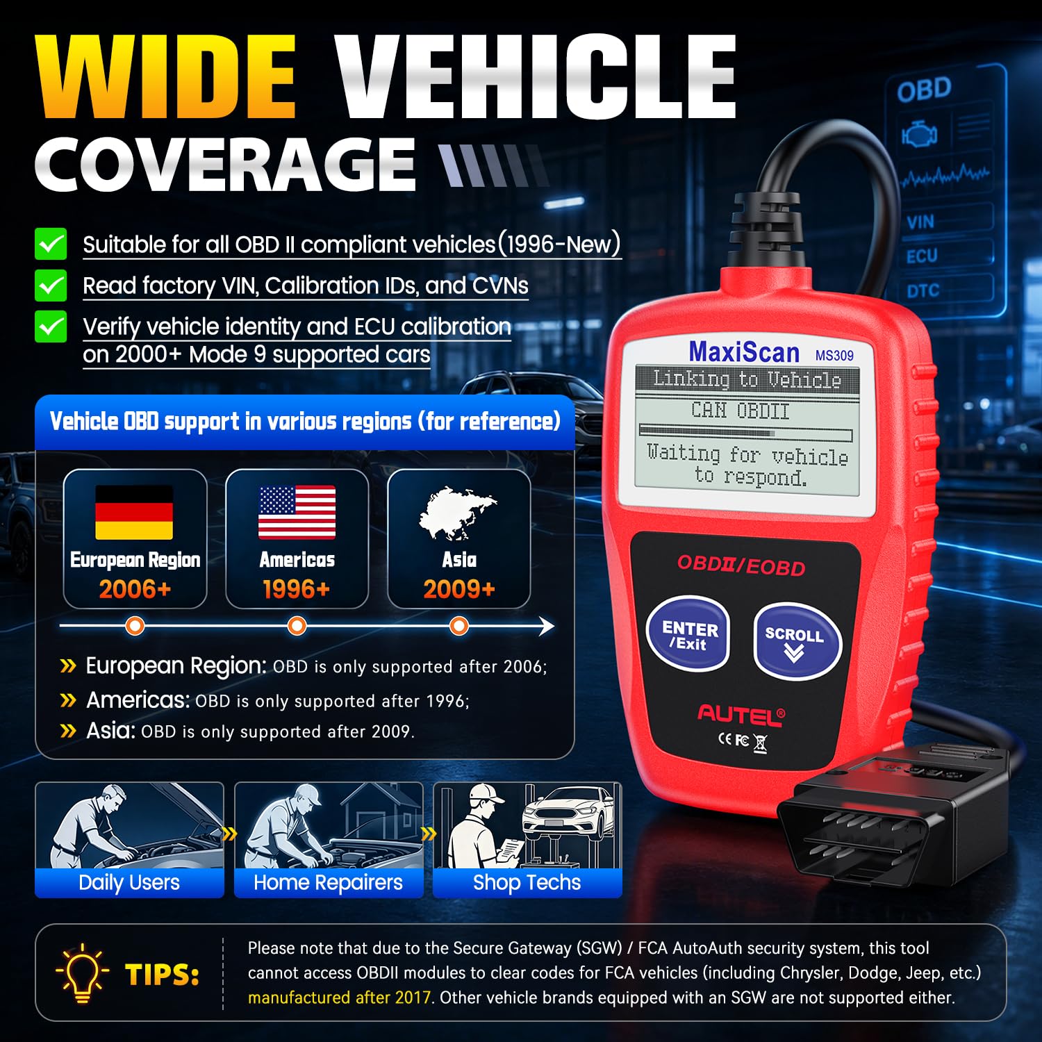 Autel MS309 box and included cable emphasizing what comes in the package