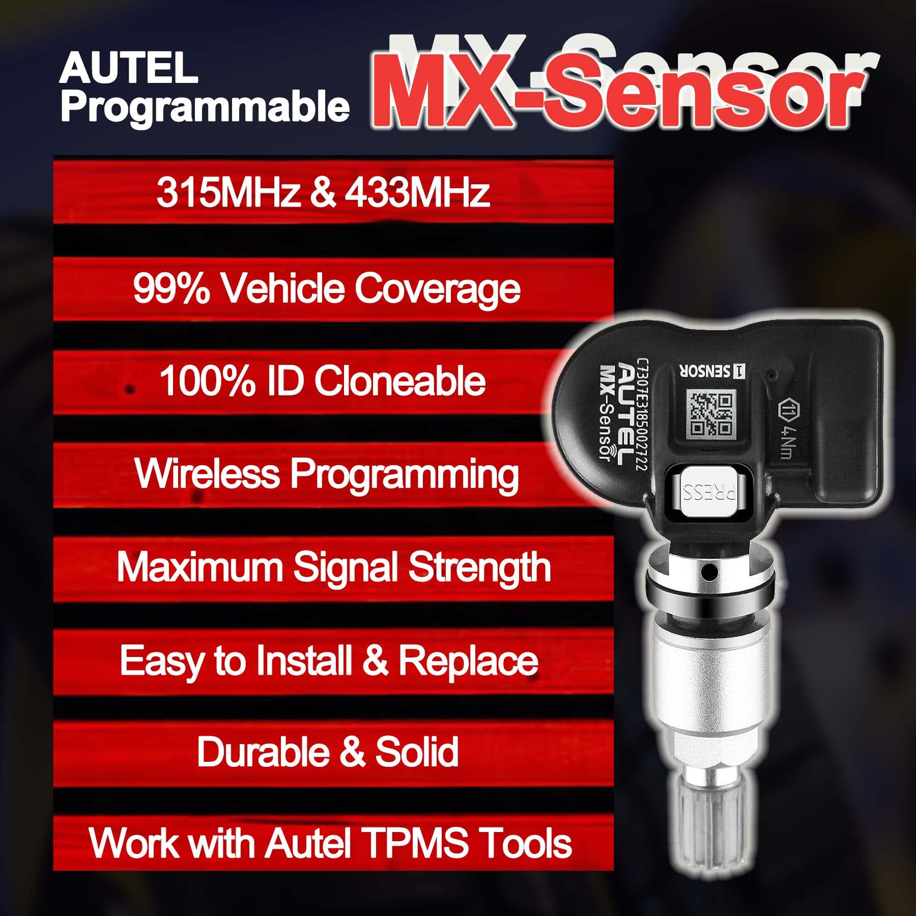 Autel MX sensor close-up of metal valve for durable press-in installation