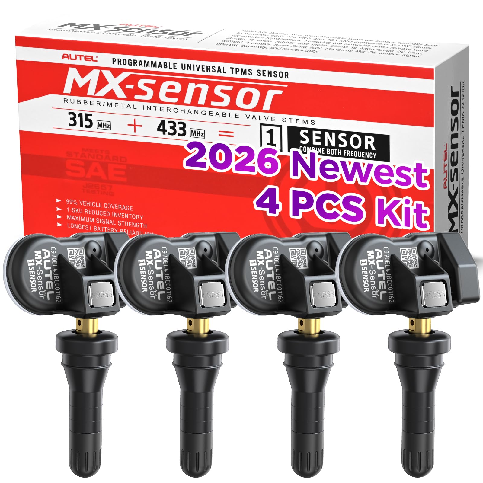 Autel MX-Sensor front packaging showing set of four sensors and benefits