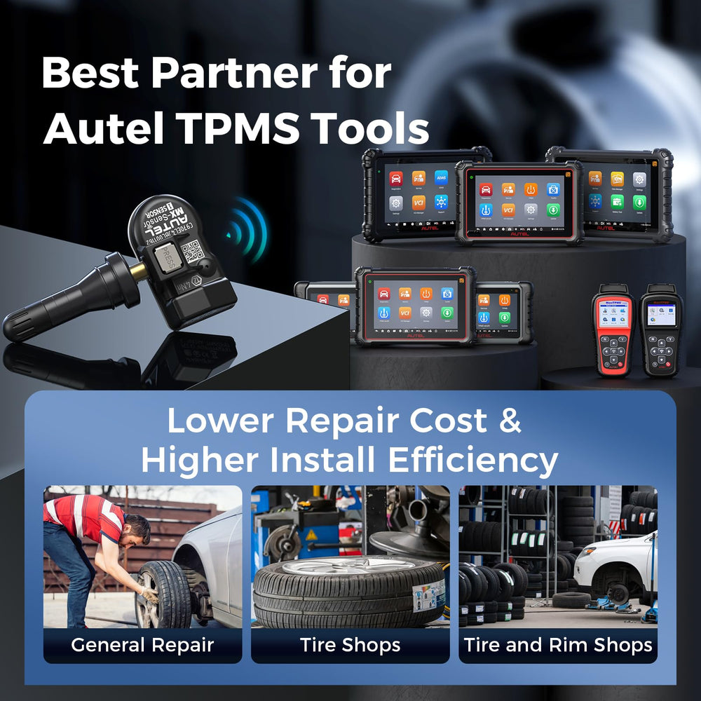 Autel MX-Sensor installed in a car tire in a garage setting for practical use