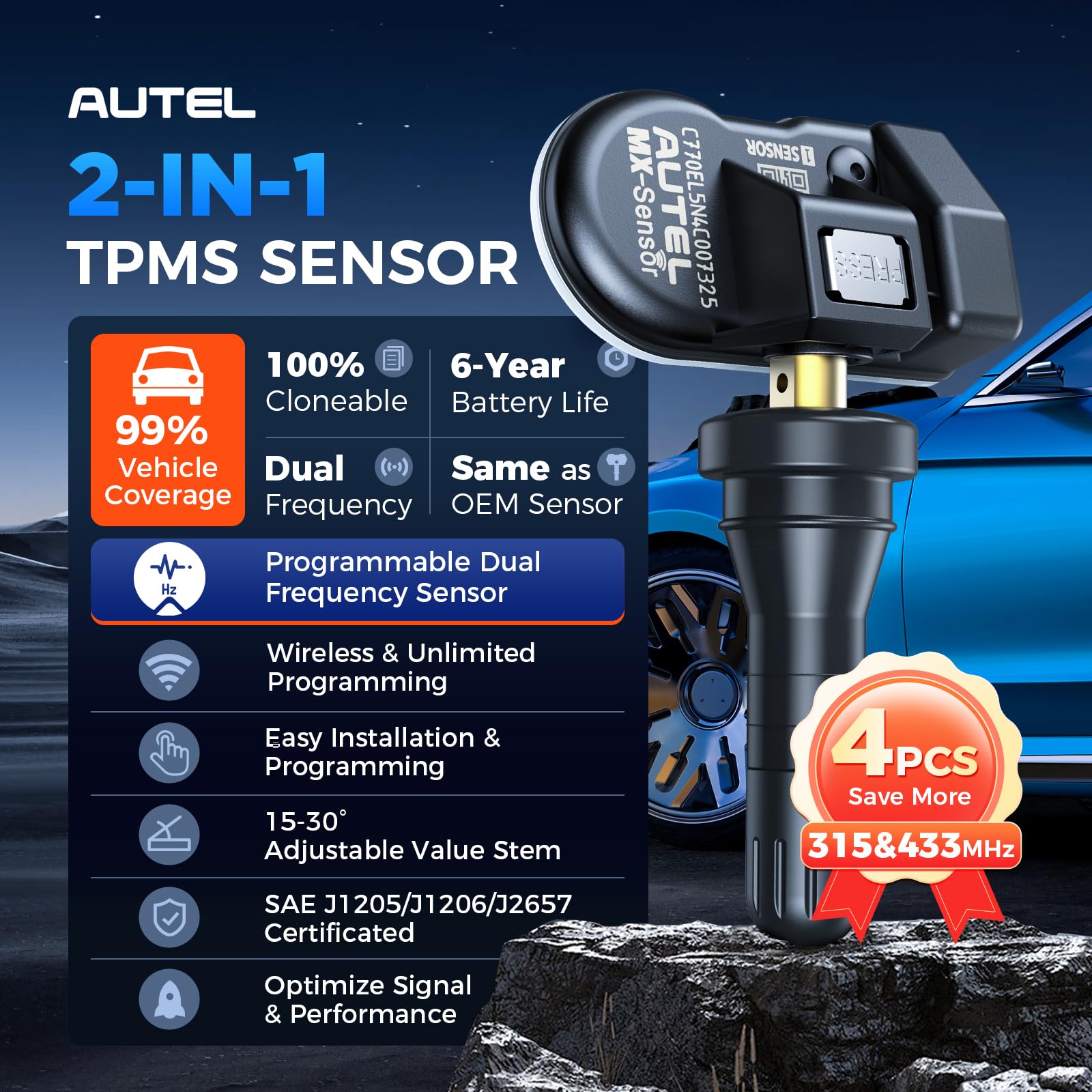 Autel MX-Sensor close-up of valve stem and press-in design for fast installs
