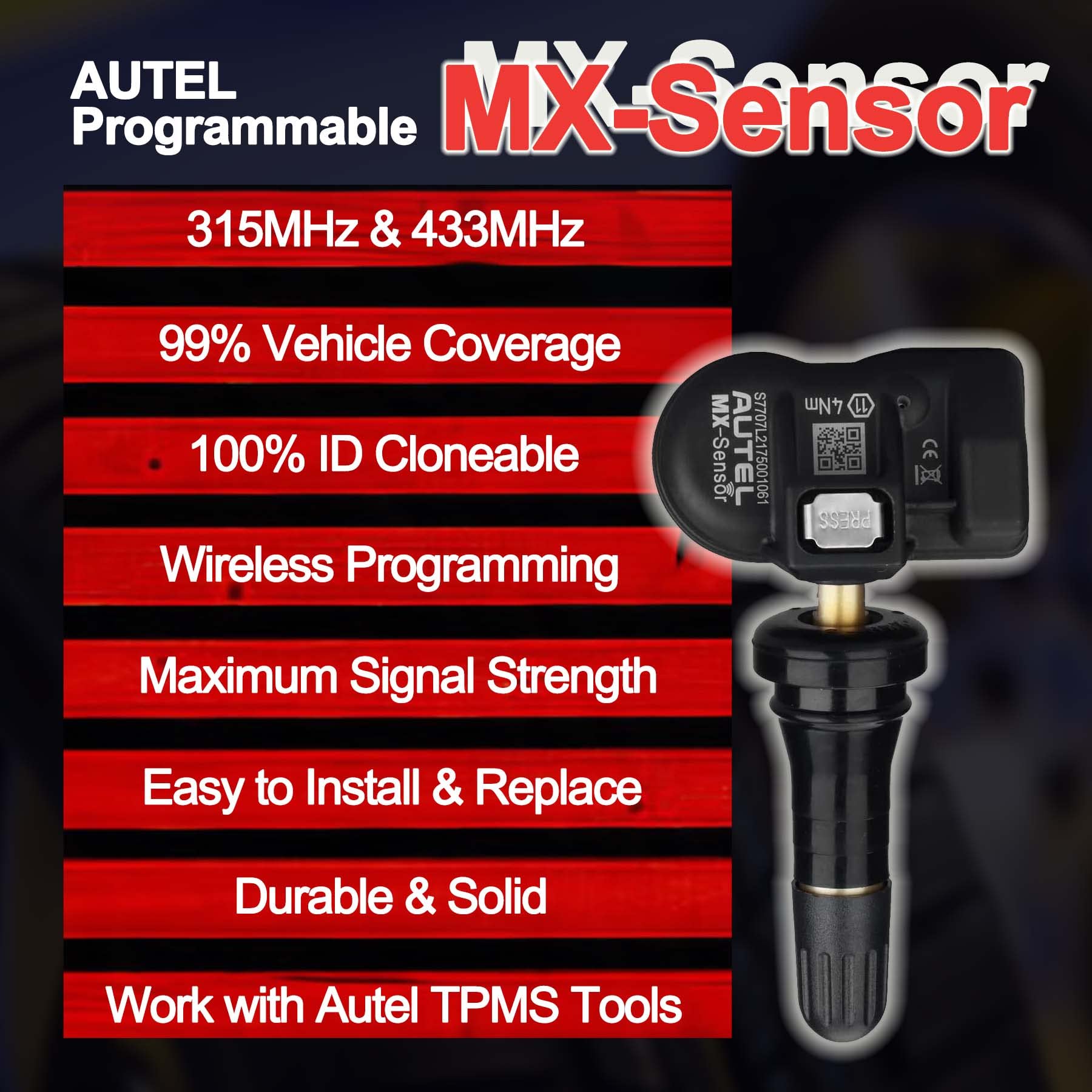 Autel MX valve stem close-up highlighting rubber/metal press-in design and fast replacement