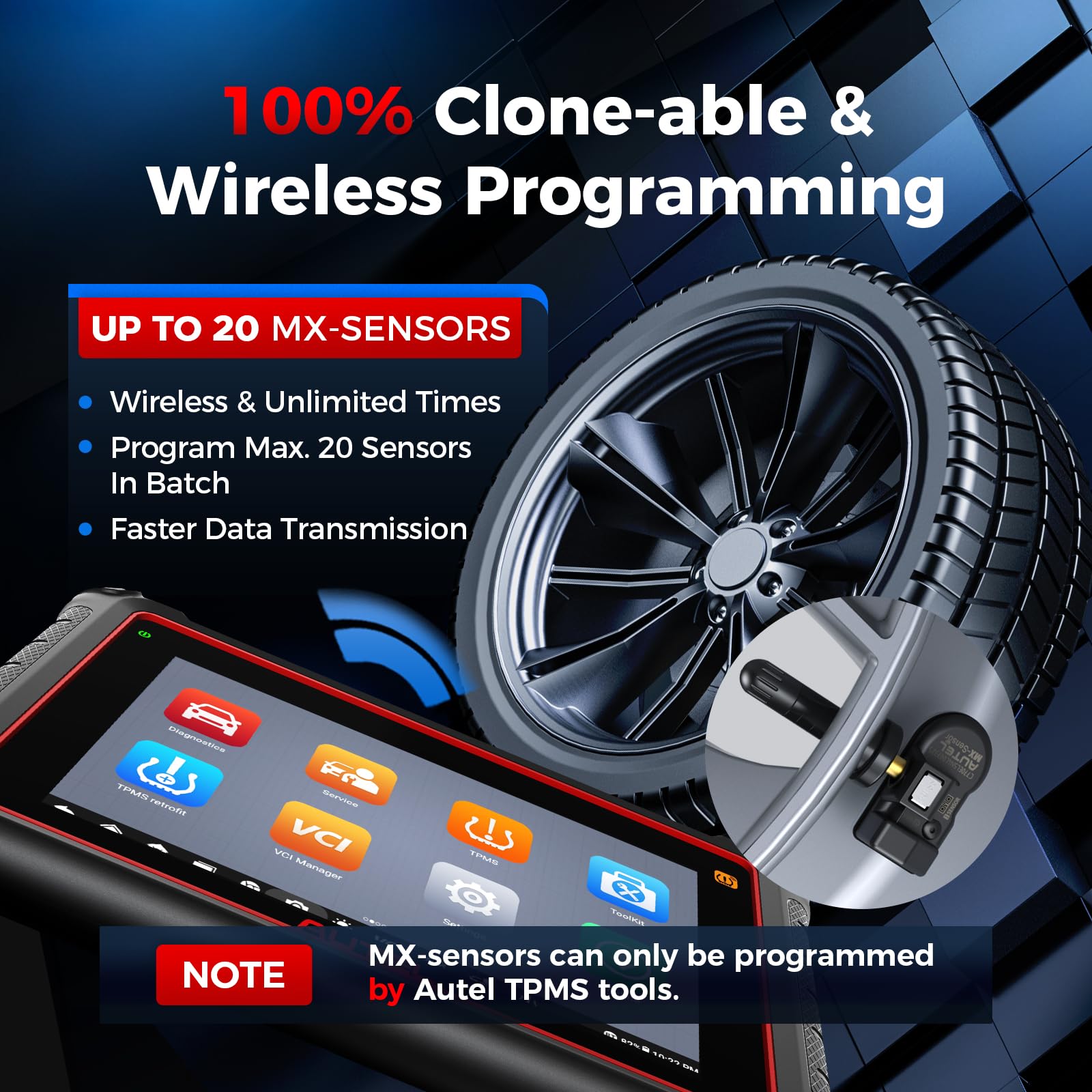 Autel MX-Sensor installed on wheel illustrating OE-style replacement