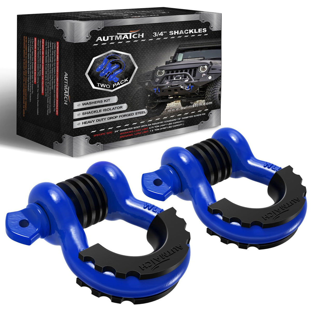 AUTMATCH front view of two D ring shackles showing strong construction and load readiness