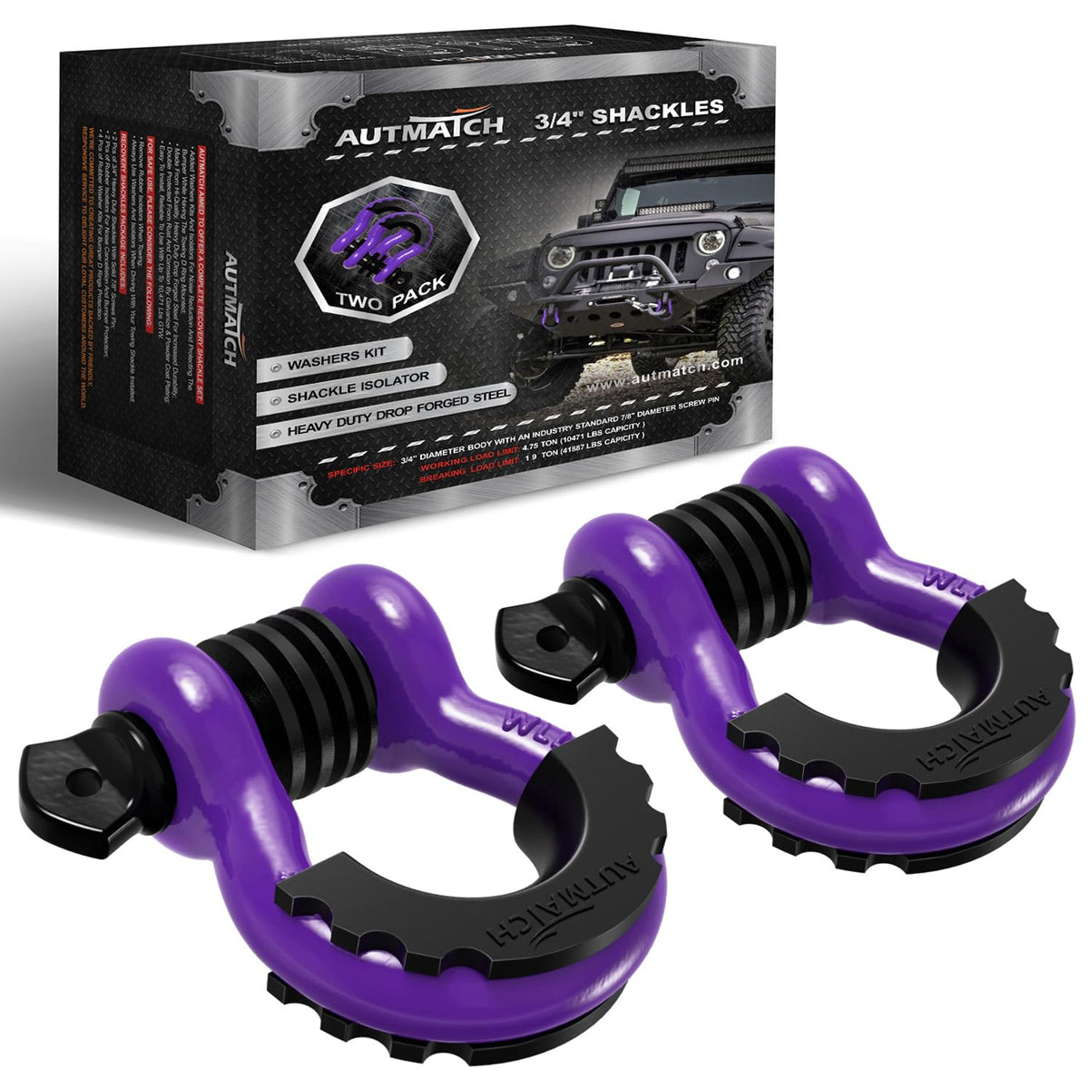 AUTMATCH front view of two 3/4" D ring shackles showing robust build and fit