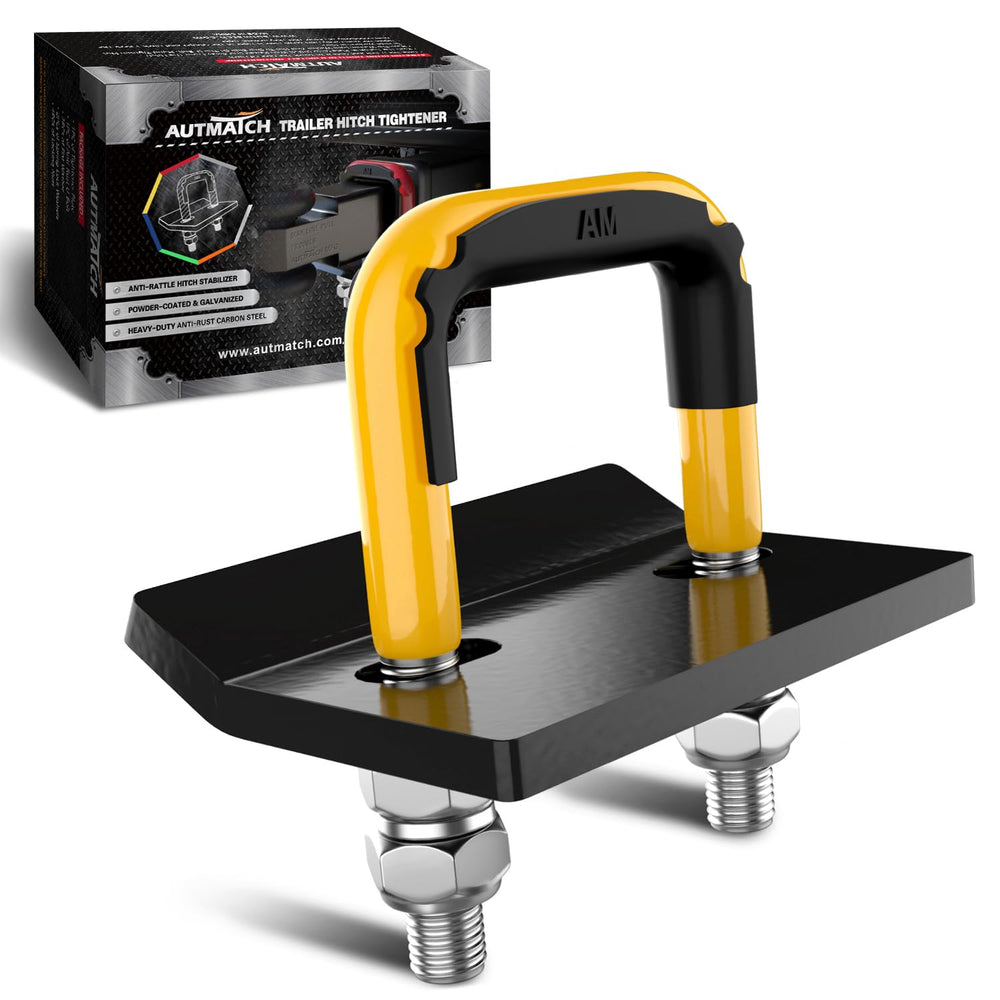 AUTMATCH front view of hitch tightener showing boxed kit and labels, highlights reliability