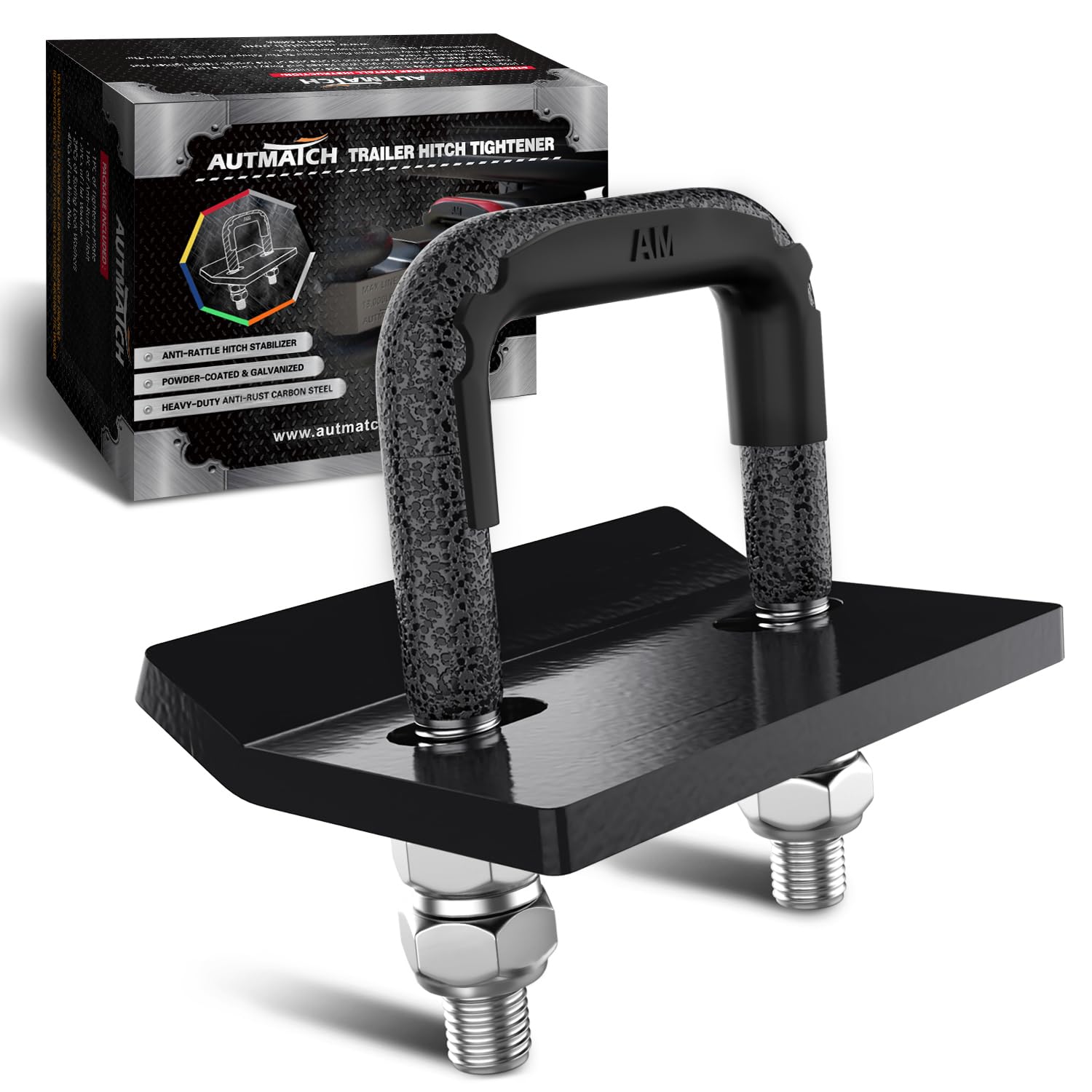 AUTMATCH front view of hitch tightener showing compact forged steel construction for secure towing