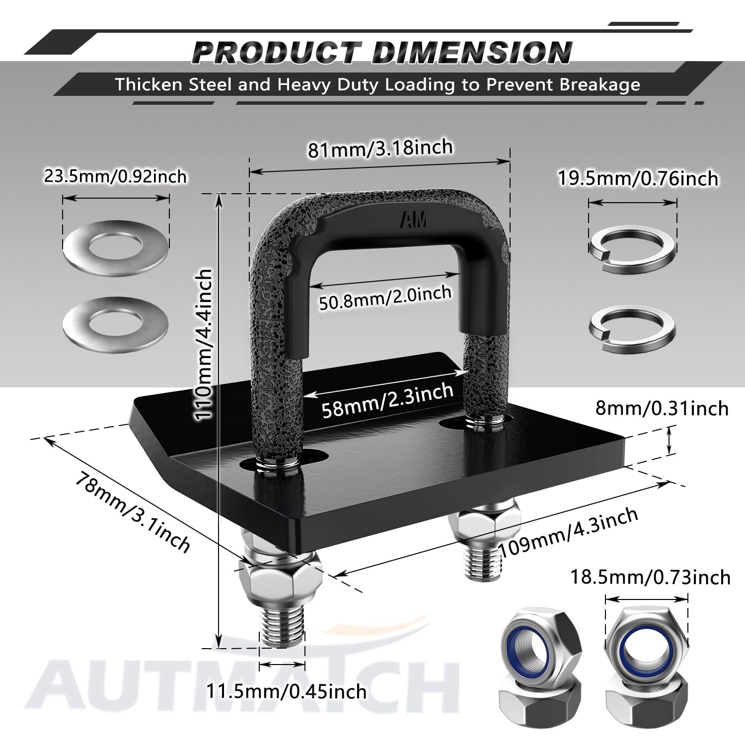 AUTMATCH complete hardware laid out including U-bolt, washers and locking nuts for easy installation