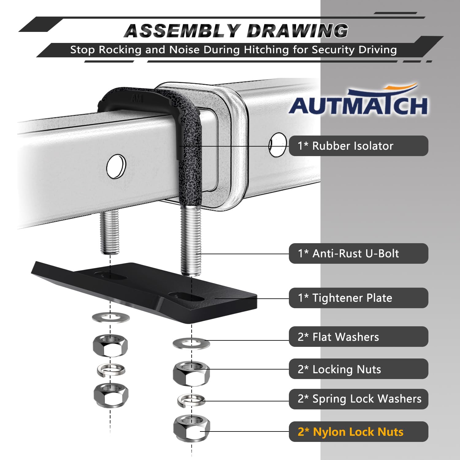 AUTMATCH rubber isolator detail showing vibration damping for quieter hitch connection
