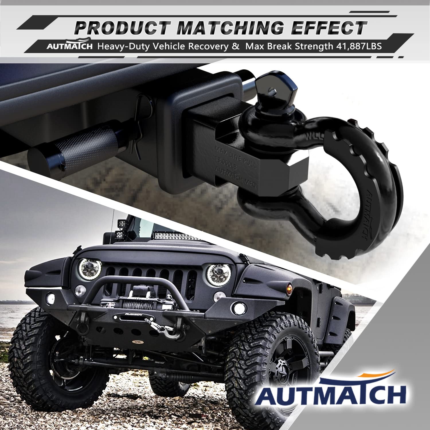 AUTMATCH shackles in off-road setting demonstrating durable recovery use