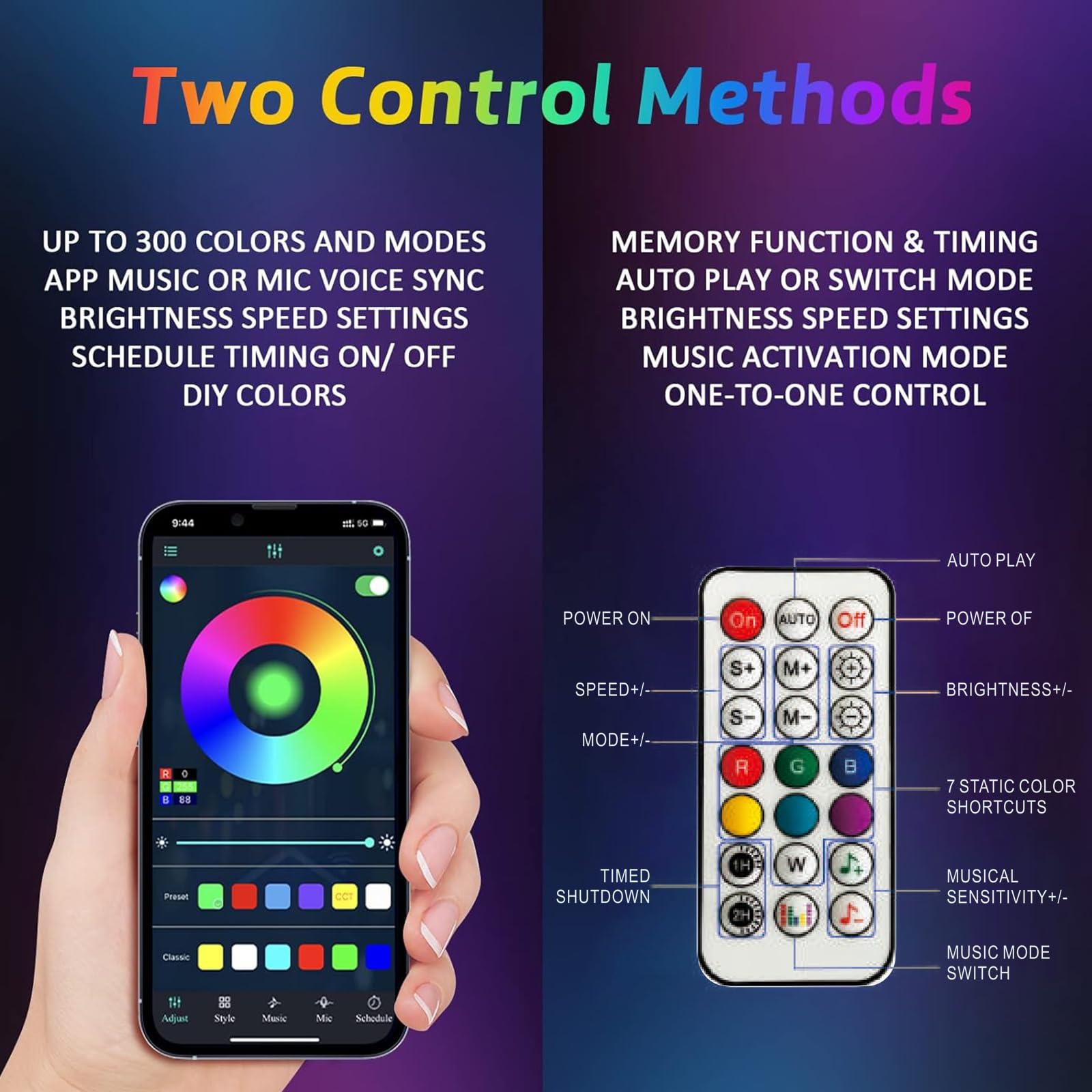 Autmens RF remote and smartphone app displayed for easy color control