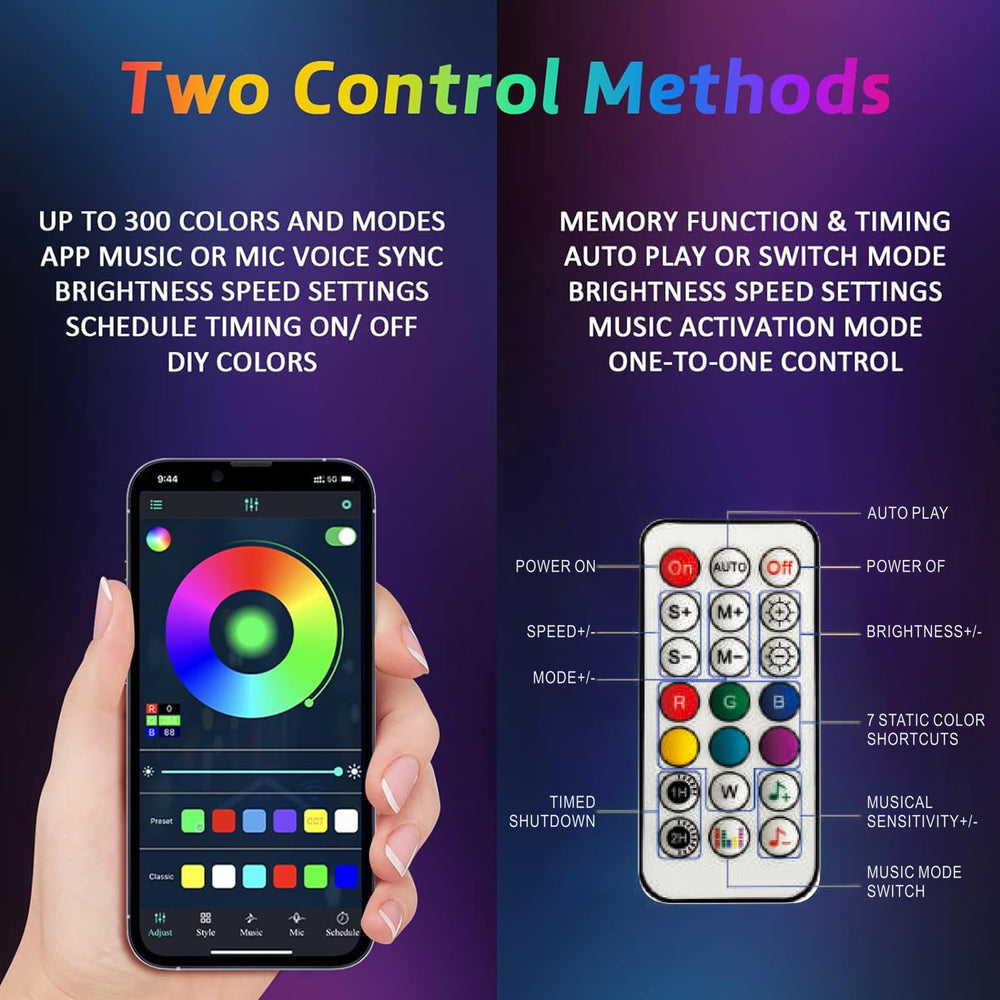 Autmens RF remote and smartphone app displayed for easy color control