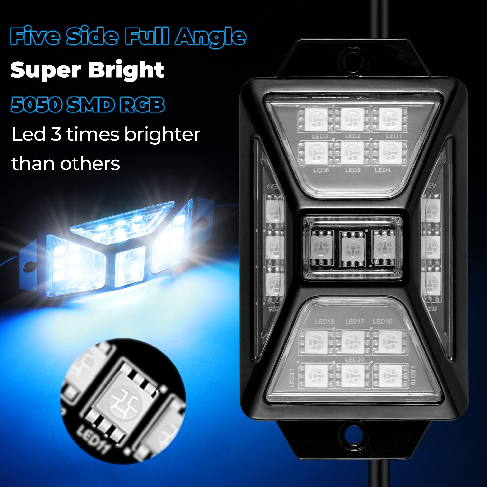 Auto Buero close-up of five-sided LEDs showing shadowless coverage benefit