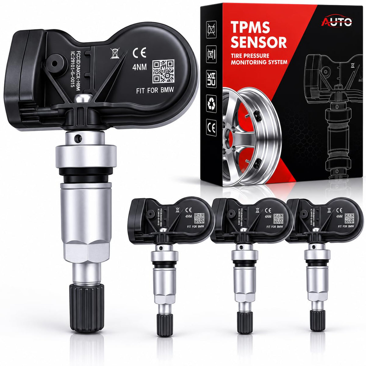 AUTO OCCASION front packaging showing four pre-programmed TPMS sensors and benefits