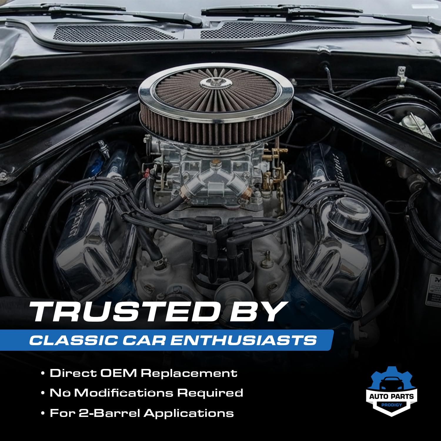 Auto Parts Prodigy carburetor installed in engine bay demonstrating stock-like fitment