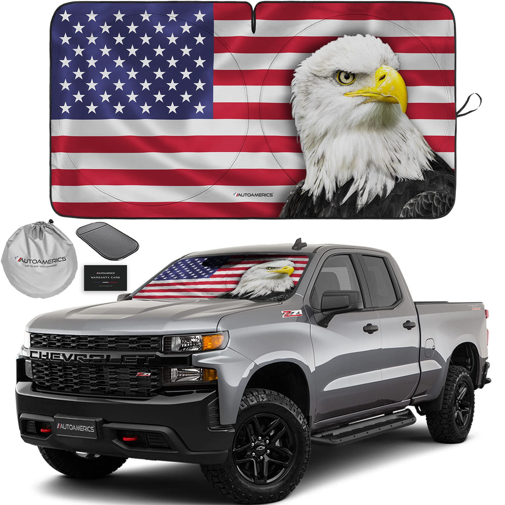 Autoamerics front view showing eagle flag design and full windshield coverage benefit